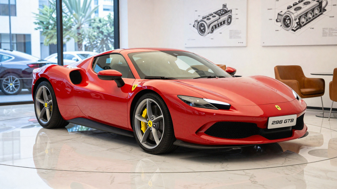 Carro esportivo vermelho Ferrari 296 GTB em vitrine com poltronas e posters técnicos ao fundo.