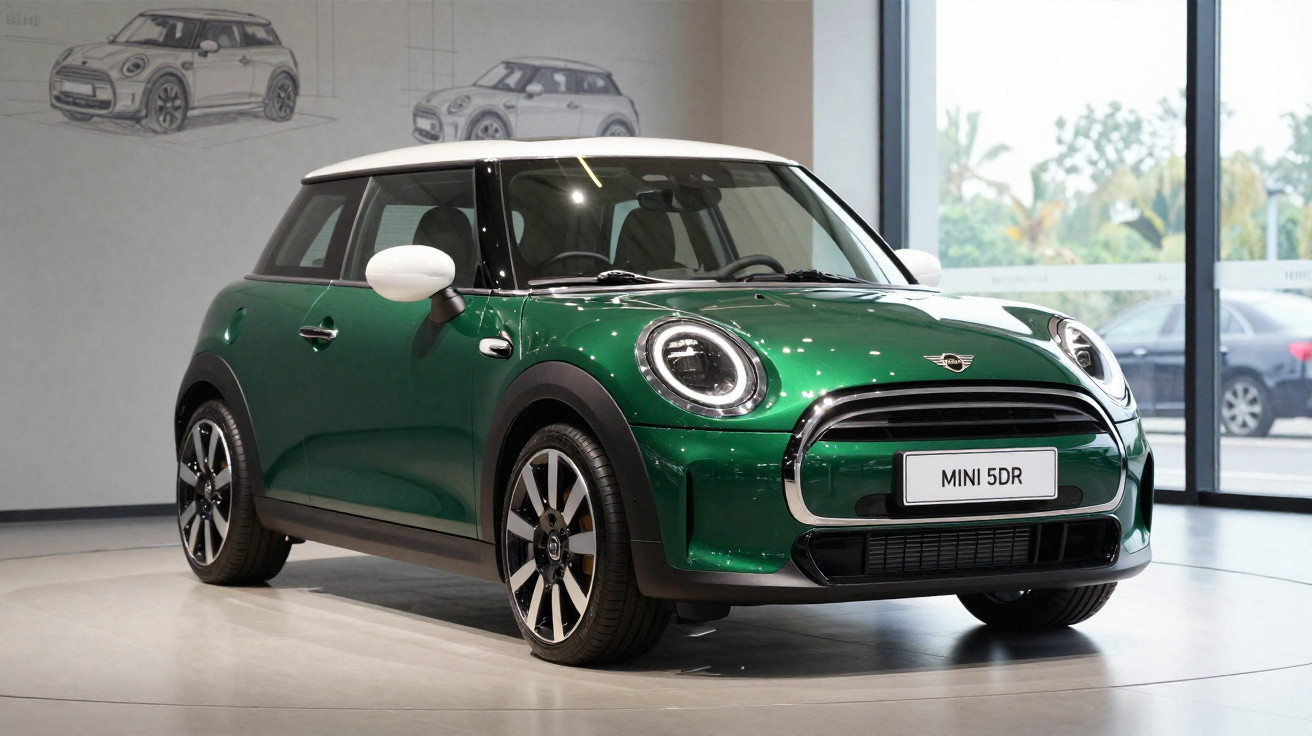 Carro MINI 5 portas verde e branco exposto em showroom, com desenhos de modelos no fundo.