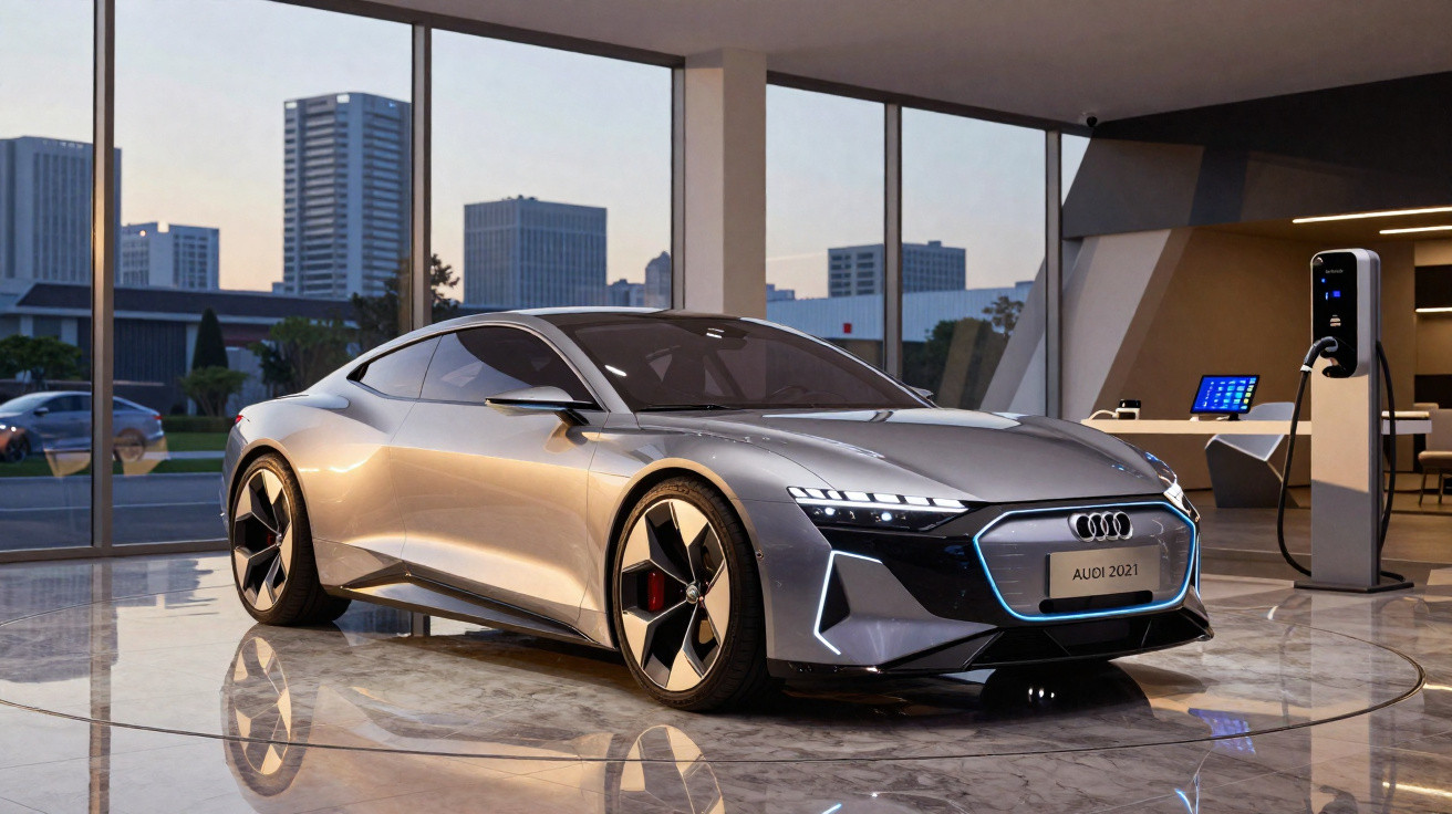 Carro elétrico esportivo Audi prata modelo 2021 exibido em showroom moderno com vista para cidade ao anoitecer.