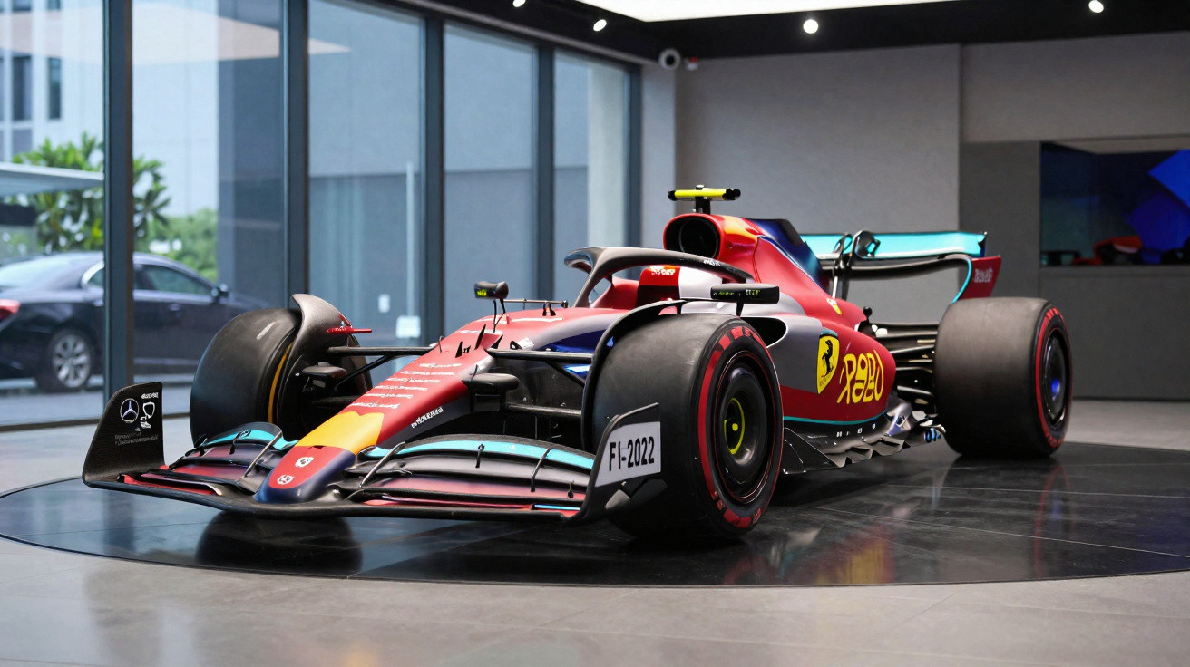 Carro de Fórmula 1 da Red Bull Racing modelo 2022 exibido em ambiente interno com piso cinza.