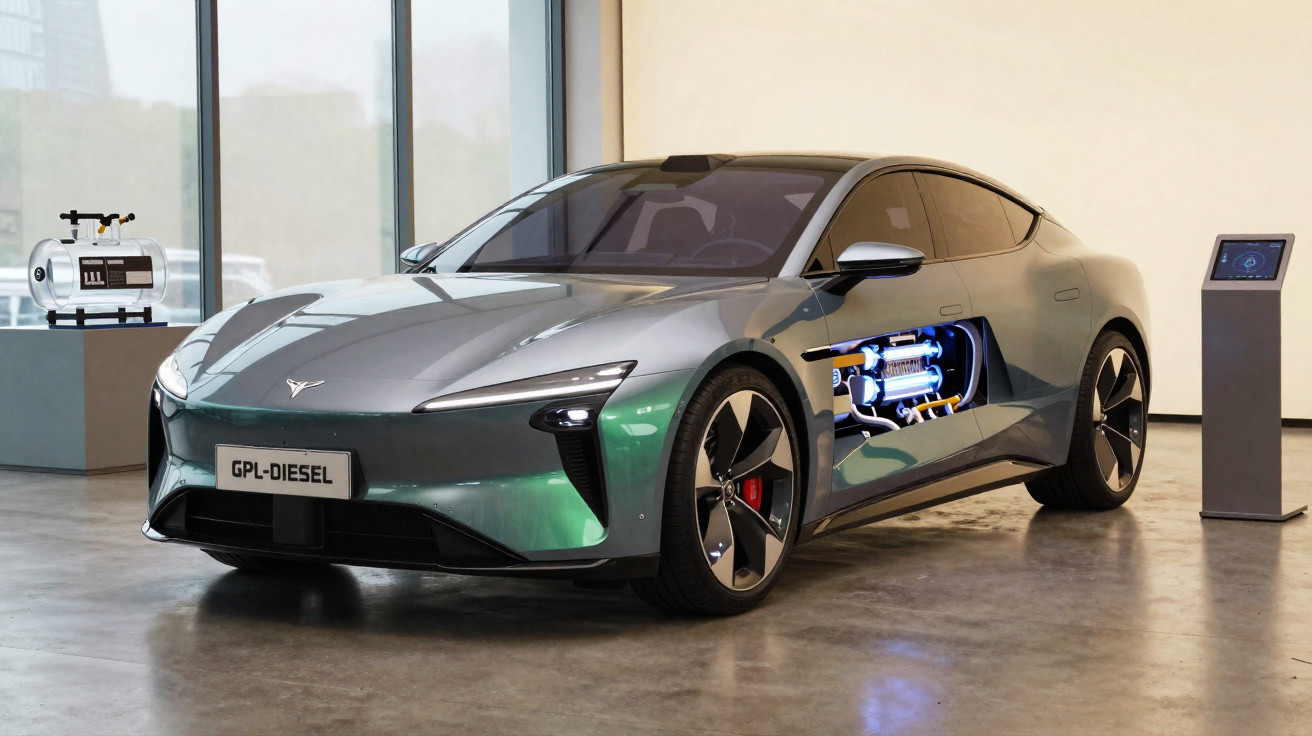 Carro esportivo cinza com janela lateral digital que mostra motor híbrido em exposição interna.