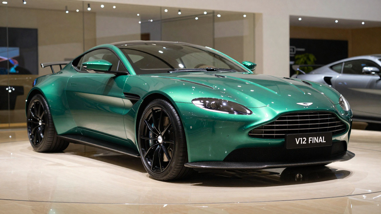 Carro esportivo Aston Martin verde metálico modelo V12 Final exposto em showroom moderno.