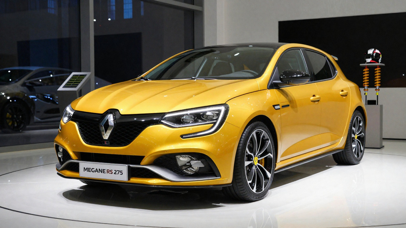 Carro hatch amarelo Renault Megane RS 275 em exposição interna com rodas esportivas e faróis modernos.