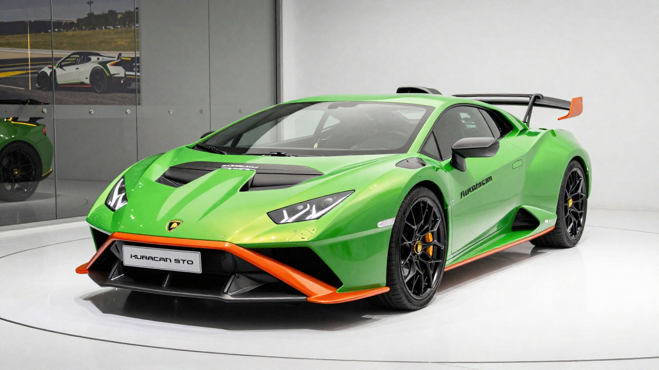Carro esportivo Lamborghini Huracan STO verde com detalhes laranja em exposição interna.
