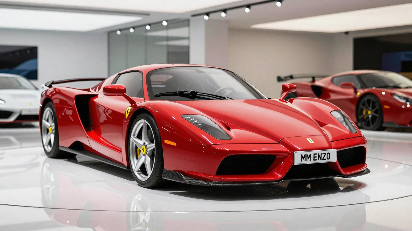 Carro esportivo Ferrari Enzo vermelho em showroom moderno com piso branco brilhante.