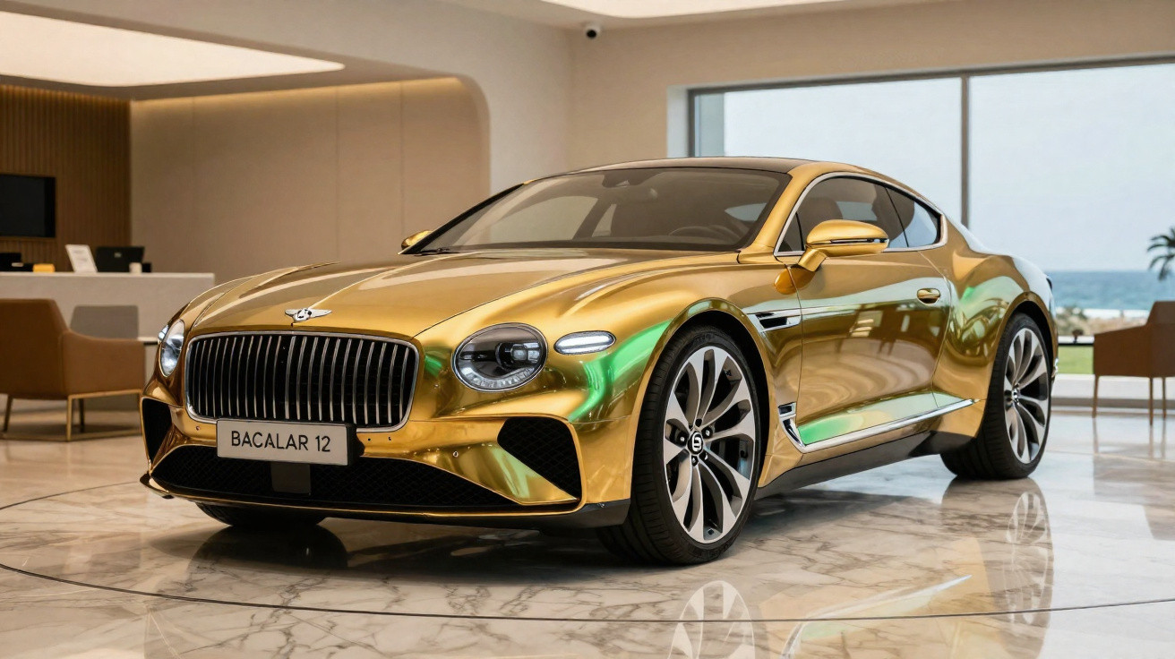 Carro esportivo de luxo dourado Bentley Bacalar 12 em showroom com piso de mármore e vista para o mar.