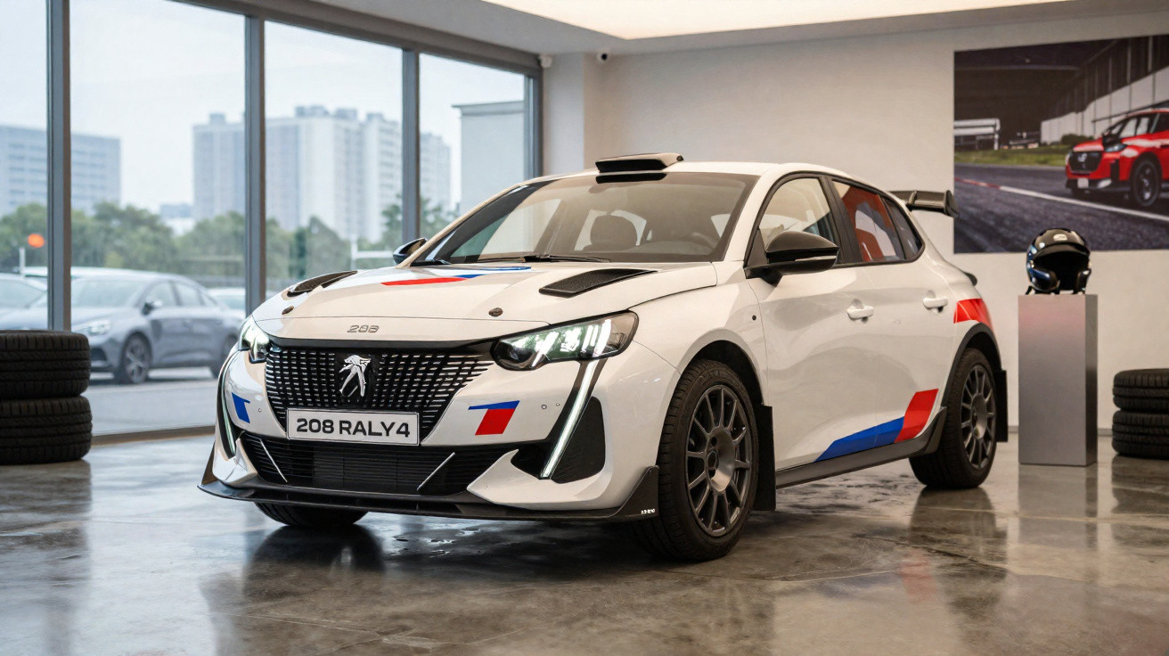 Carro branco Peugeot 208 Rally 4 em exibição interna com decoração azul e vermelha e rodas esportivas.