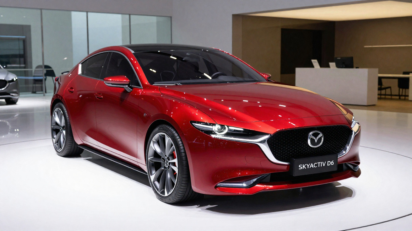 Carro esportivo vermelho brilhante Mazda Skyactiv D6 exibido em ambiente interno moderno.