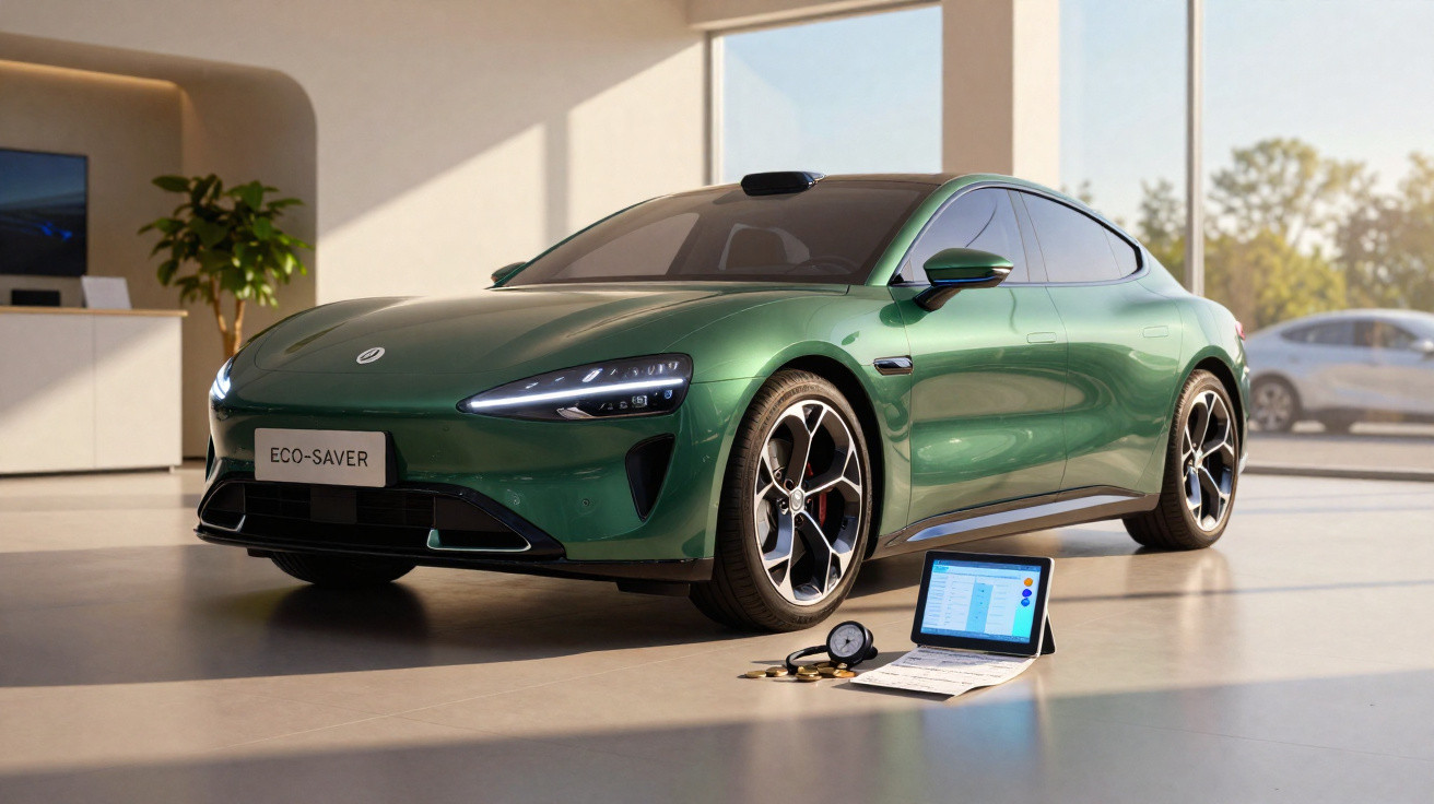 Carro esportivo elétrico verde estacionado em ambiente interno com tablet e acessórios à frente.