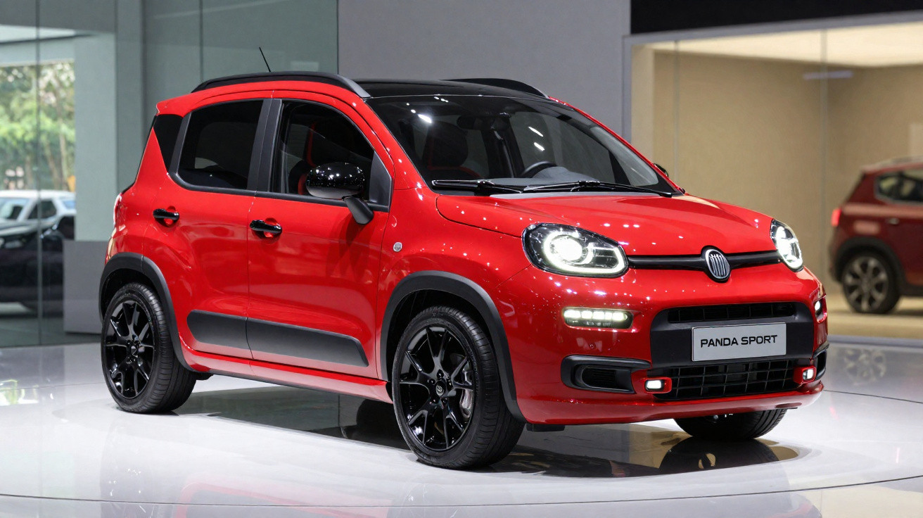 Fiat Panda Sport vermelho exibido em ambiente interno com rodas pretas e luzes acesas.
