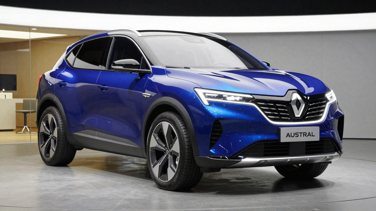 SUV azul elétrico Renault Austral estacionado em ambiente interno, iluminação destacando design moderno e rodas grandes.