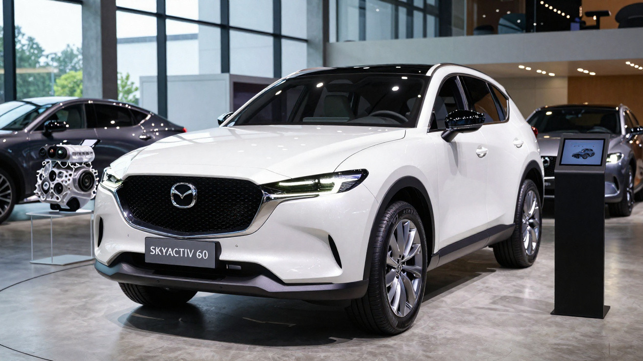 Carro branco Mazda Skyactiv 60 exibição em showroom moderno com iluminação natural e outras motos ao fundo.