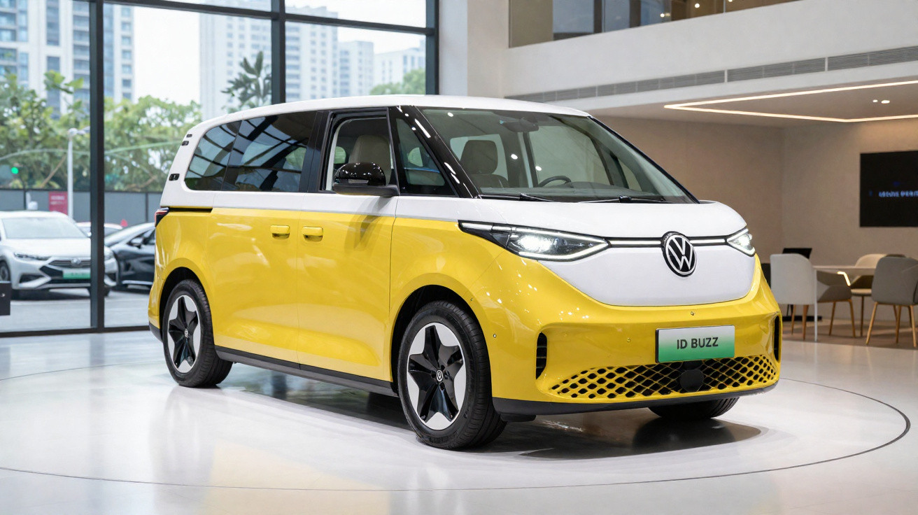 Carro elétrico Volkswagen ID Buzz na cor amarelo com branco exibido em showroom moderno.