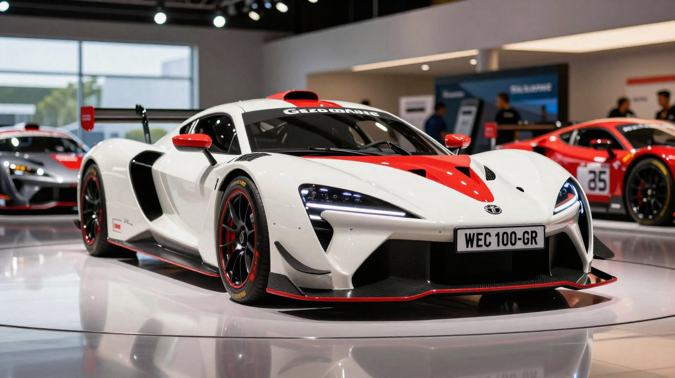 Carro esportivo branco e vermelho exposto em salão automotivo com outros veículos ao fundo.