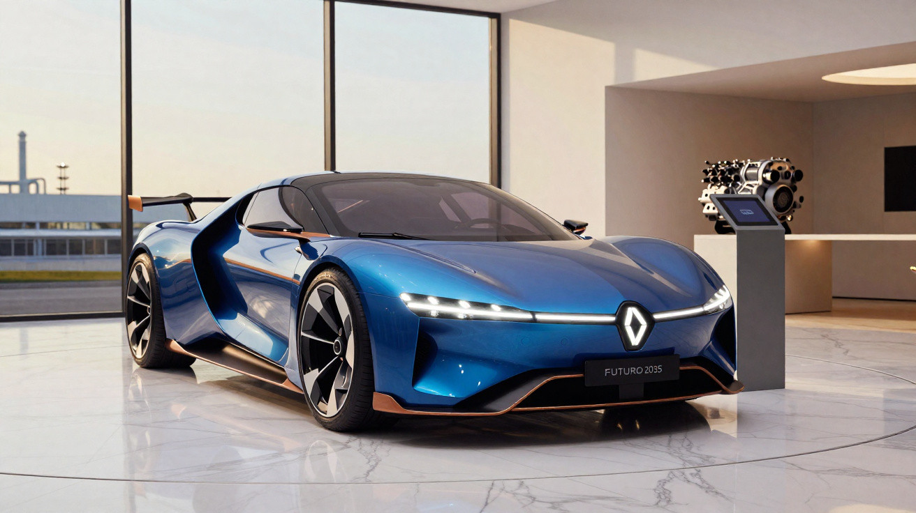 Carro esportivo azul futurista Renault Futuro 2035 em ambiente interno moderno com piso de mármore.