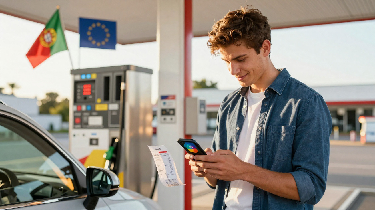 Jovem usa celular junto a carro em posto de gasolina com bandeiras de Portugal e União Europeia ao fundo.