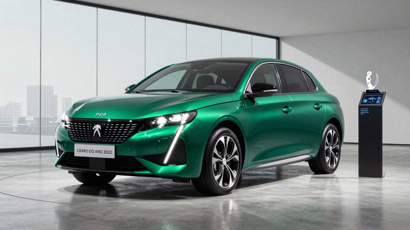 Carro verde Peugeot 308 2022 em vitrine moderna com troféu ao lado direito.