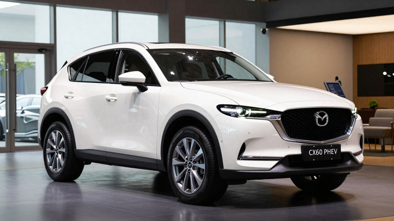 Carro SUV branco Mazda CX-60 PHEV exibido em salão moderno com iluminação suave.