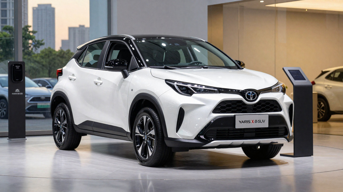 Carro SUV branco Toyota Yaris X-B exibido em vitrine moderna com prédios ao fundo.