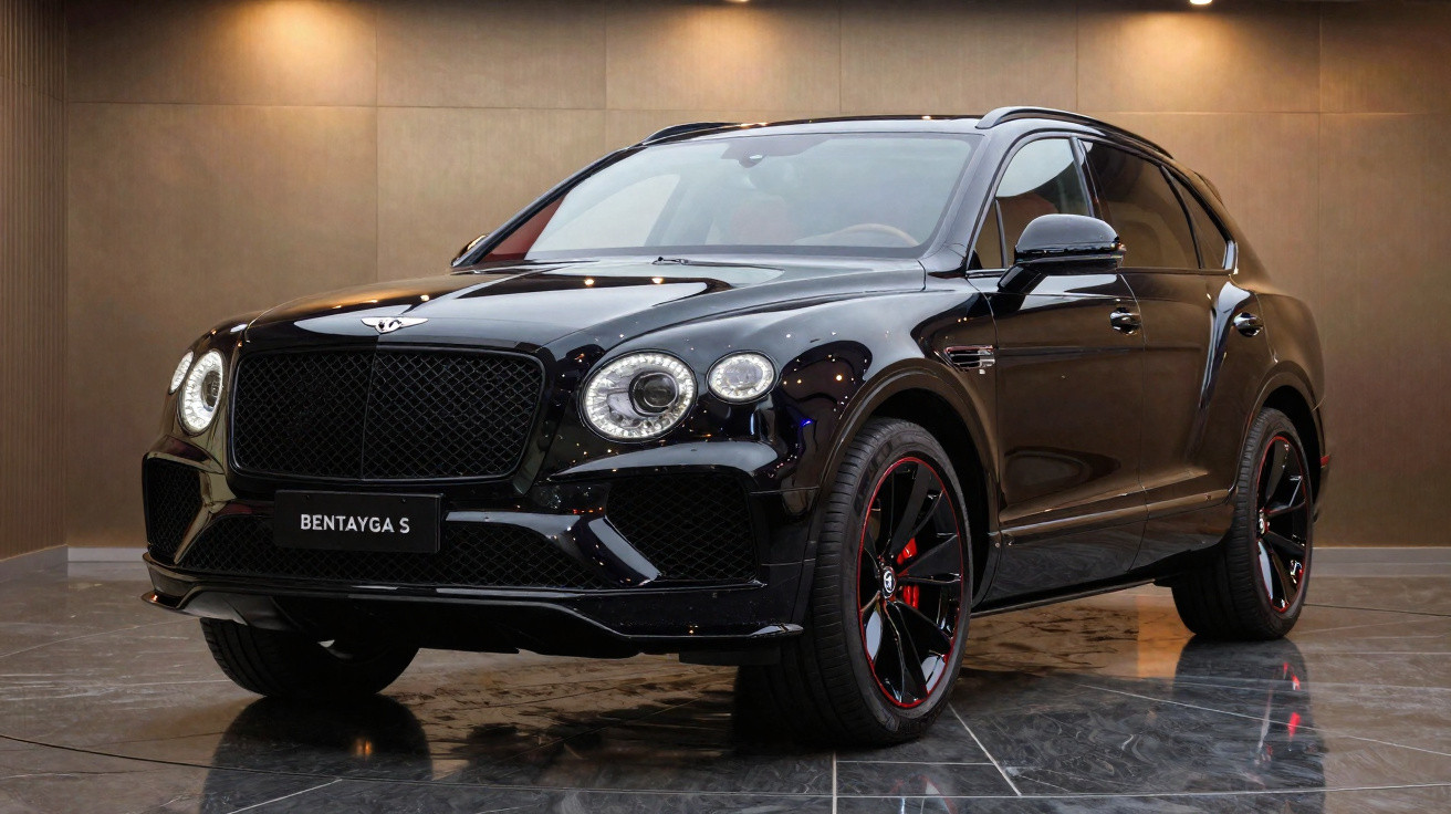 Bentley Bentayga S preto estacionado em ambiente interno com luz refletindo na lataria.
