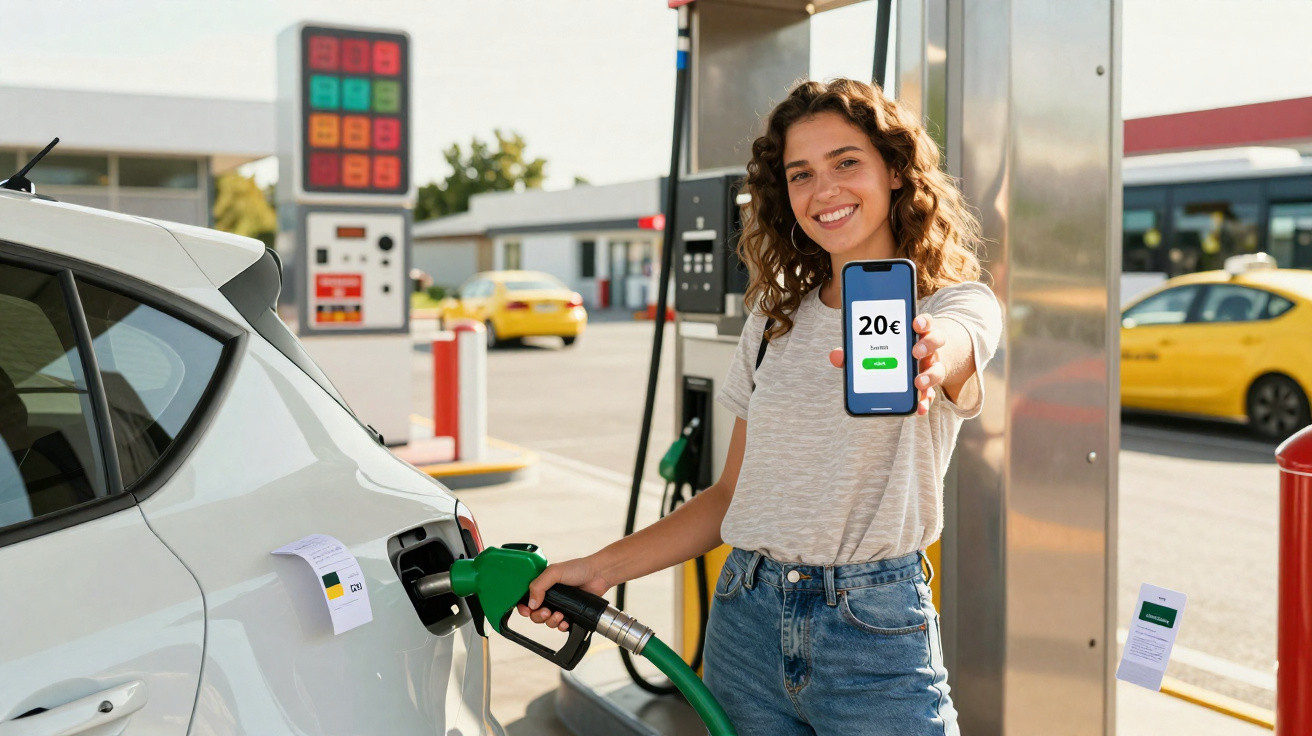 Mulher sorridente abastecendo carro e mostrando pagamento de 20 euros no celular em posto de gasolina.