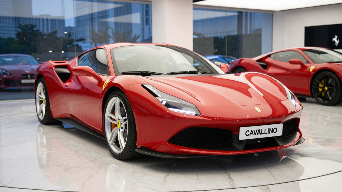 Carro esportivo vermelho Ferrari estacionado em showroom com piso de mármore branco e outras Ferraris ao fundo.