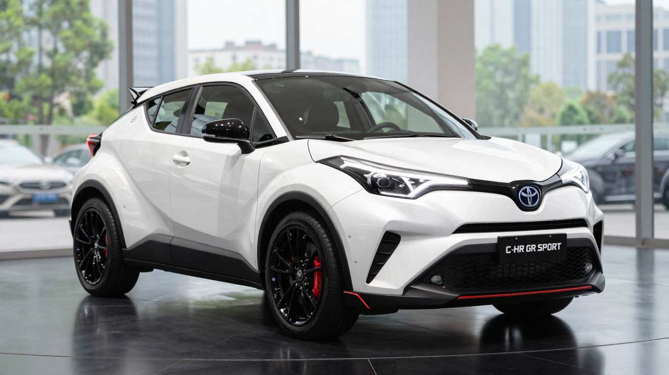 Carro SUV branco Toyota C-HR GR Sport em exposição dentro de showroom com piso brilhante.