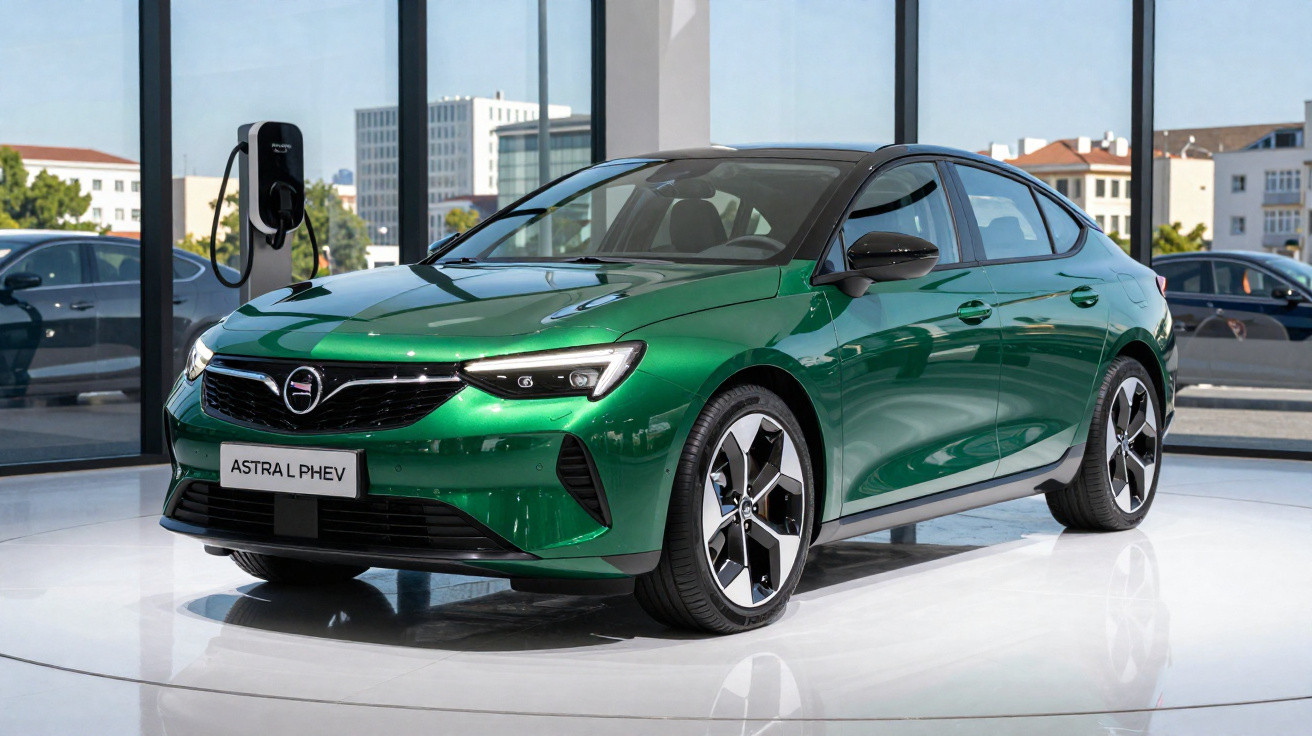 Carro elétrico verde modelo Astra L PHEV em exposição, conectado a estação de recarga.
