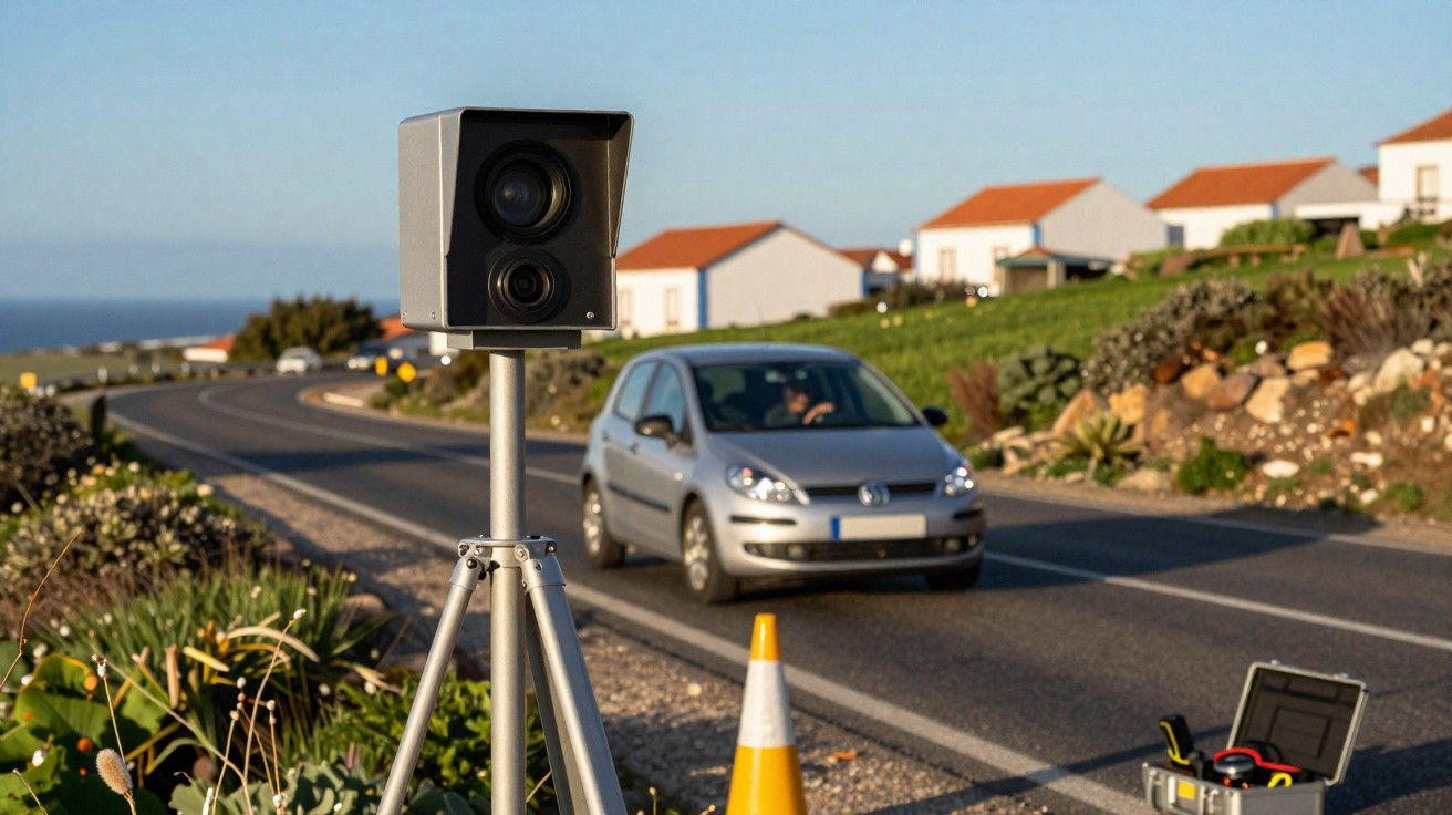 Radar de velocidade fixo em estrada com carro cinza se aproximando e cones de sinalização ao redor.