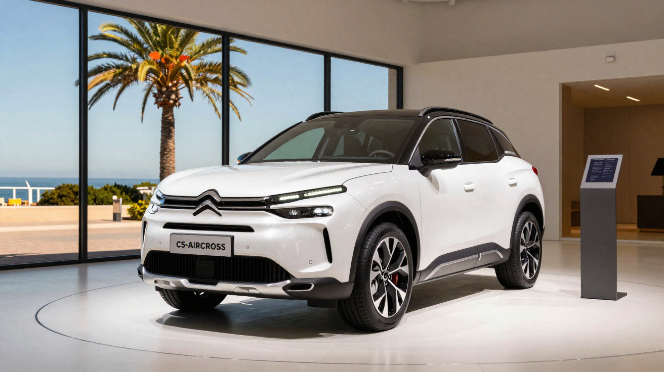 Carro branco Citroën C5 Aircross exposto em salão moderno com grandes janelas e palmeira ao fundo.
