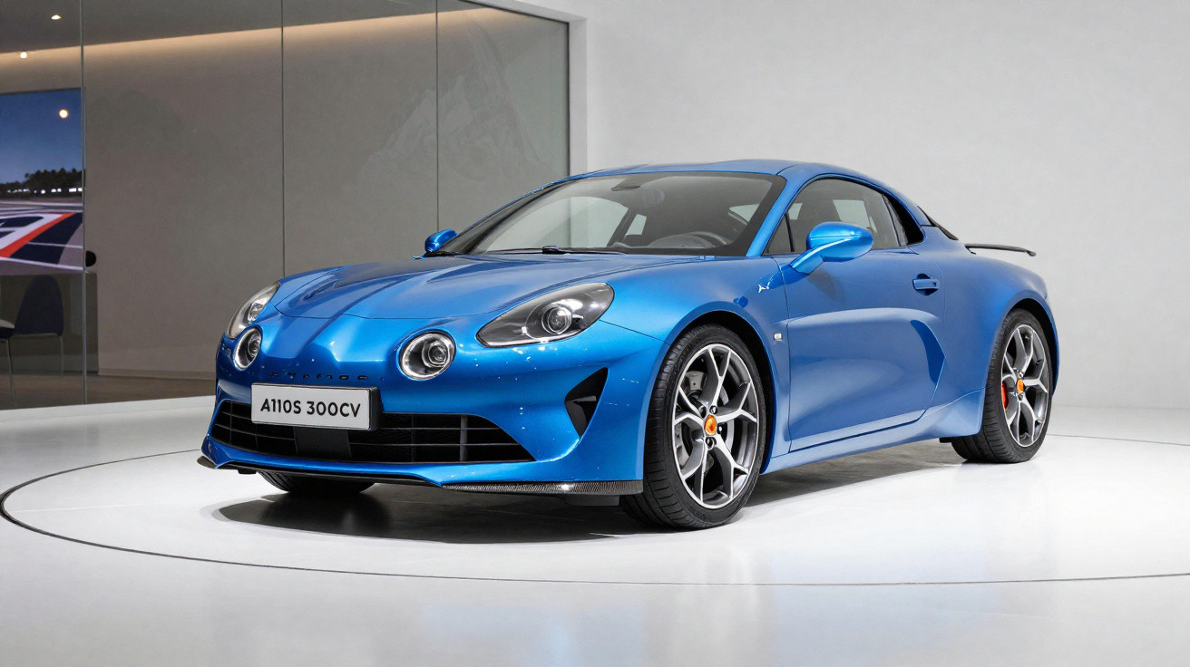 Carro esportivo azul Alpine A110S 300CV em exposição, vista frontal lateral em ambiente moderno.