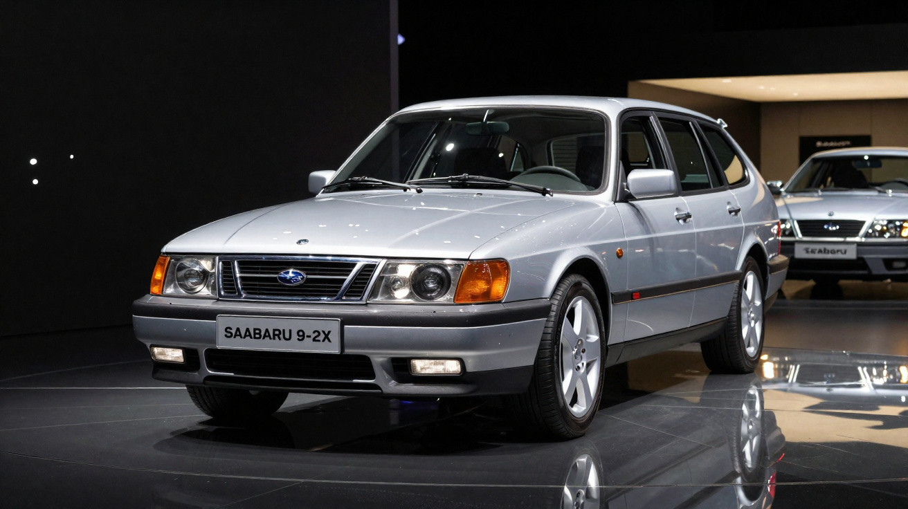 Carro prata Saabaru 9-2X estacionado em exposição com fundo preto e outro carro ao fundo.