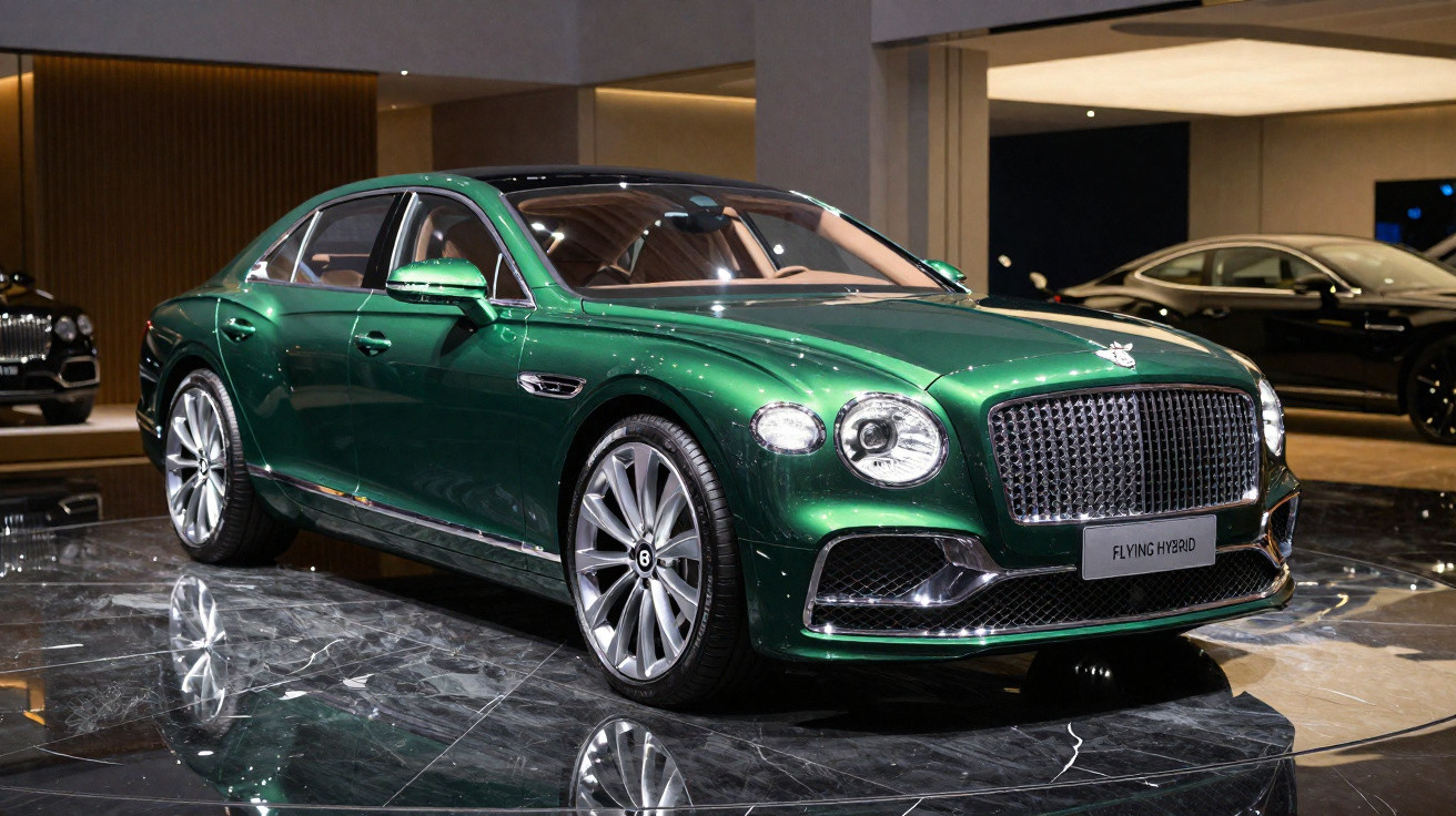 Carro de luxo Bentley Flying Spur híbrido verde exibido em salão com piso refletivo de mármore.