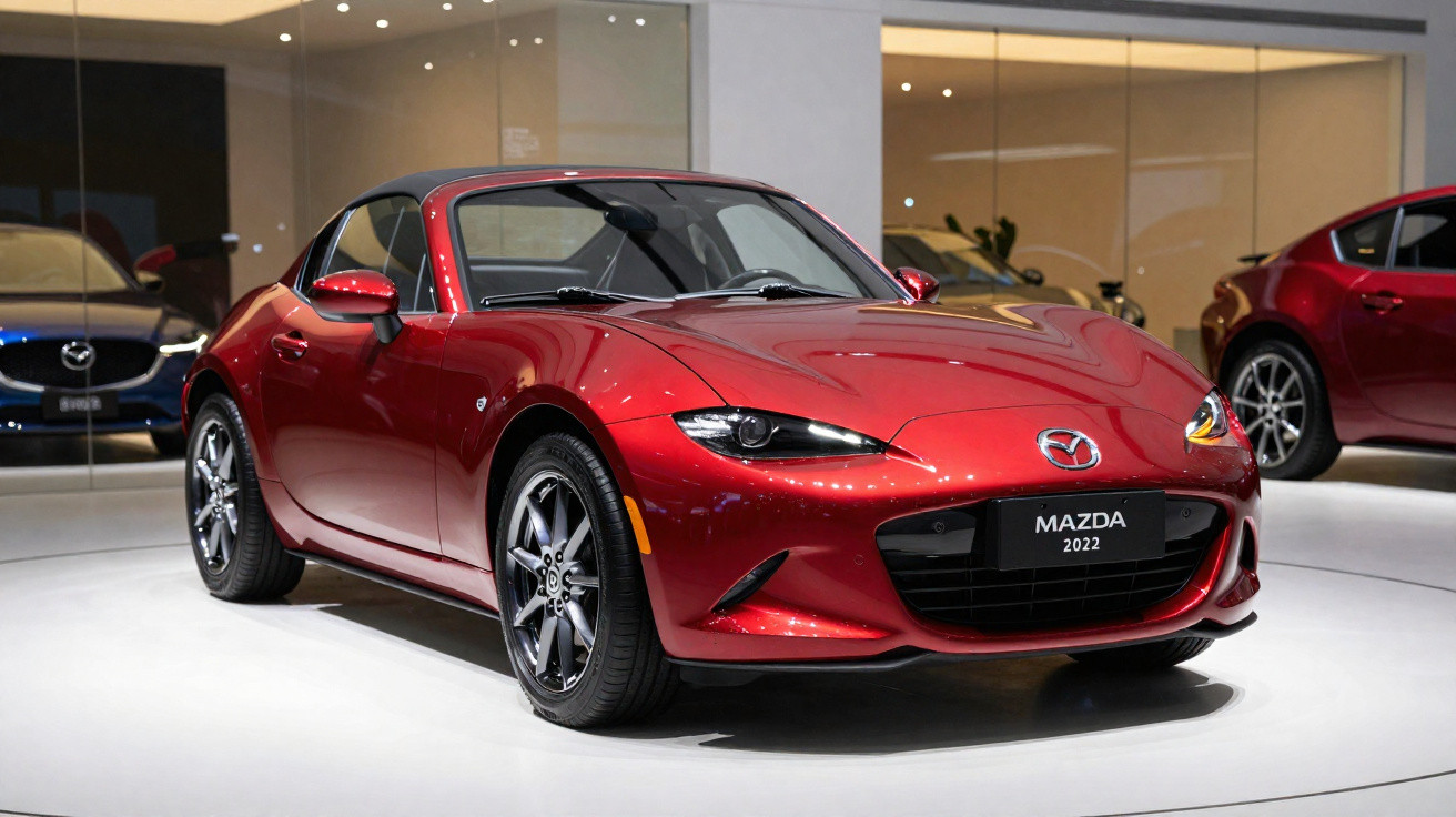 Carro esportivo Mazda vermelho 2022 em exposição dentro de showroom com iluminação ambiente.