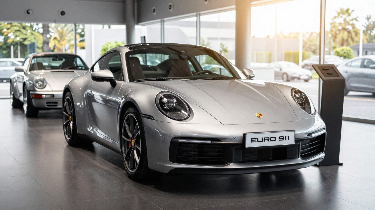 Carro esportivo prata Porsche 911 exibido em showroom com luz natural e outro carro clássico ao fundo.
