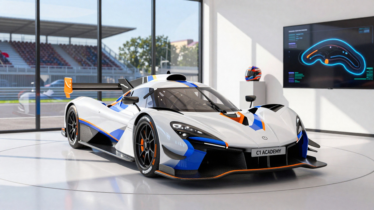 Carro de corrida McLaren branco com detalhes azuis e laranja em exibição em showroom moderno.