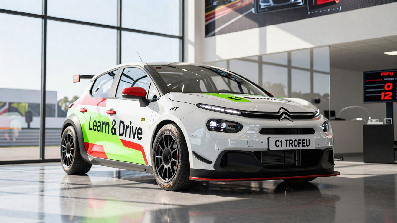 Carro de corrida Citroën C1 branco com adesivos coloridos e texto Learn & Drive em ambiente interno iluminado.