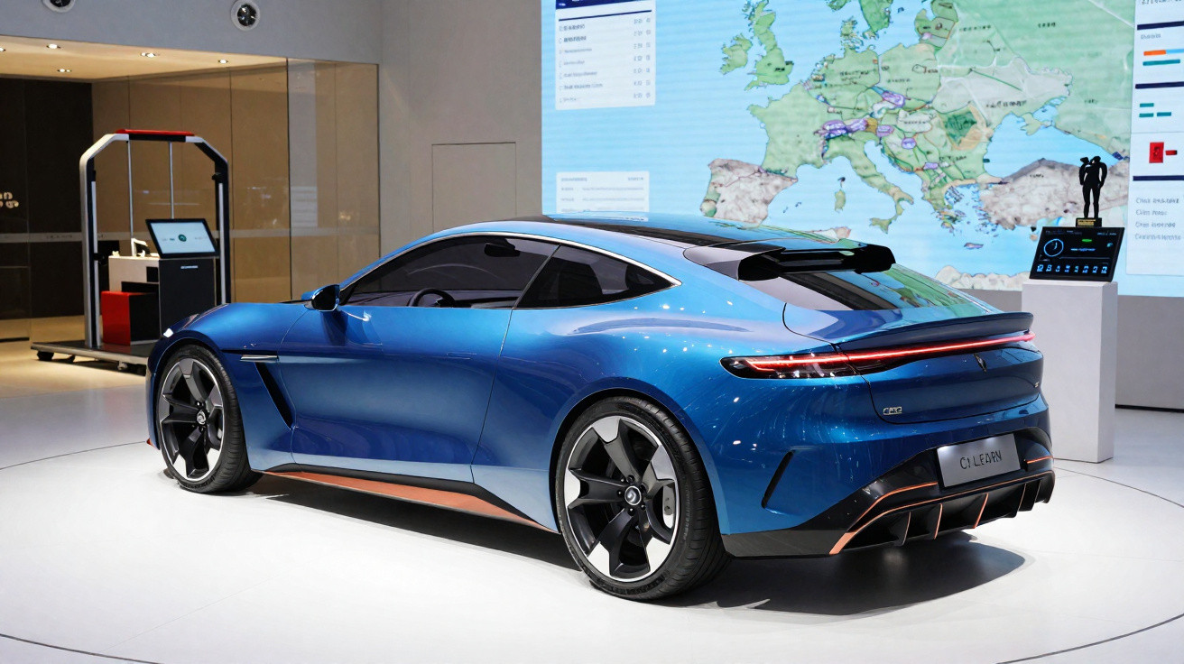 Carro esportivo azul metálico exibido em salão com mapa digital de fundo e pedestal com tela e troféu.