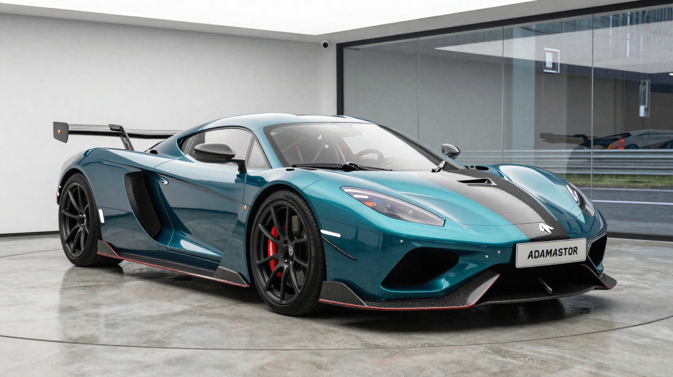 Carro esportivo azul metálico com rodas pretas e aerofólio, em garagem moderna com piso de concreto polido.