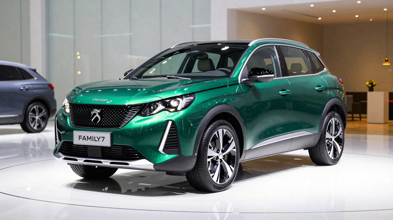 SUV verde metálico Peugeot Family7 em exposição automotiva com ambiente moderno e iluminação branca.