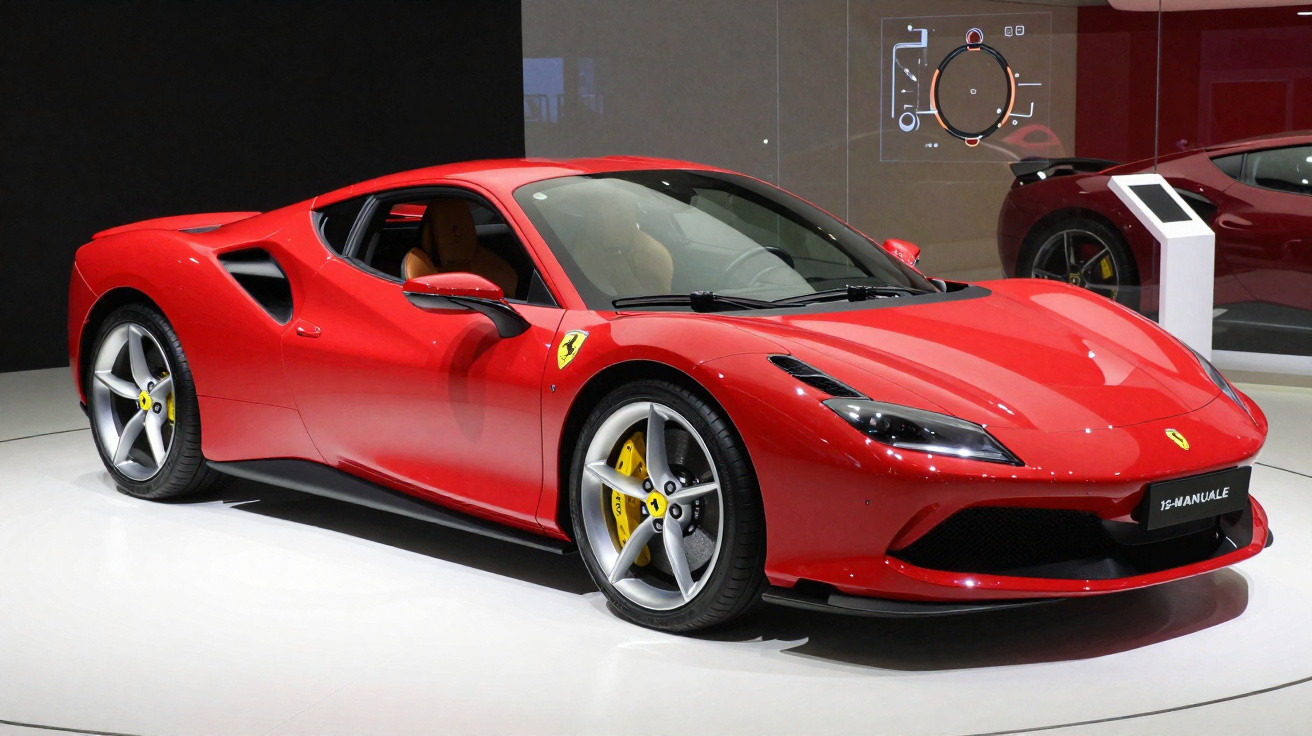 Carro esportivo Ferrari vermelho estacionado em ambiente interno com rodas prateadas e detalhes amarelos.