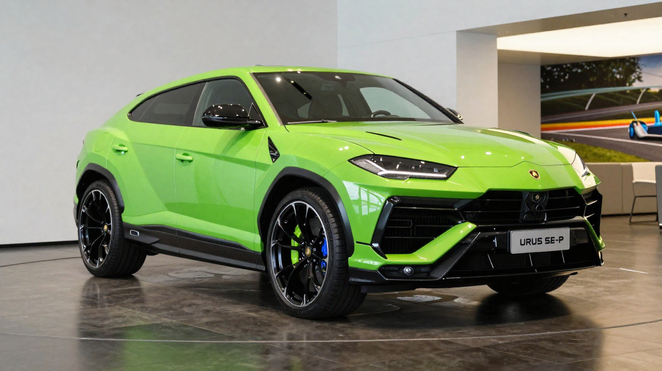 Carro SUV Lamborghini Urus SE-P verde em exposição dentro de showroom moderno.