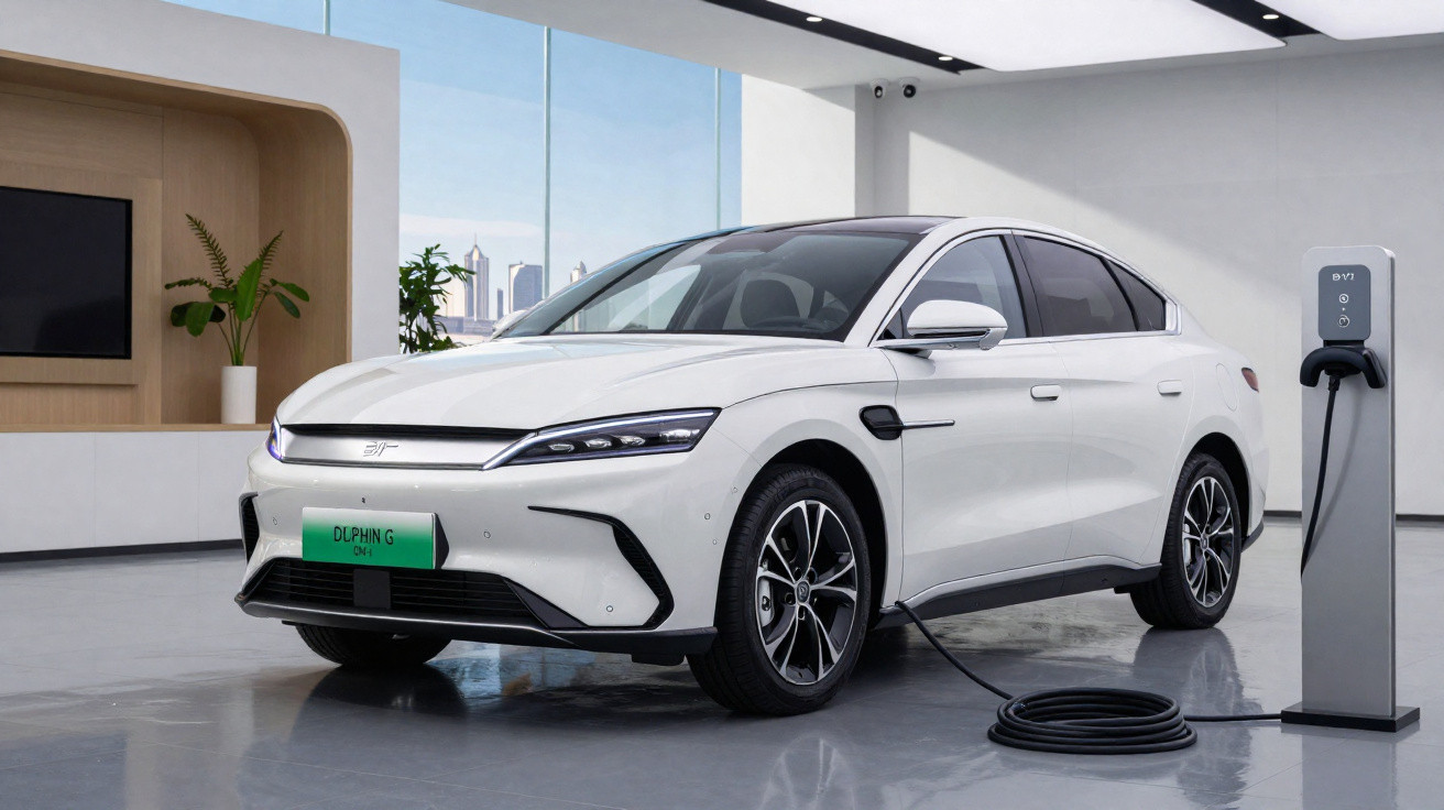 Carro elétrico branco estático sendo carregado em estação interna moderna com piso brilhante.