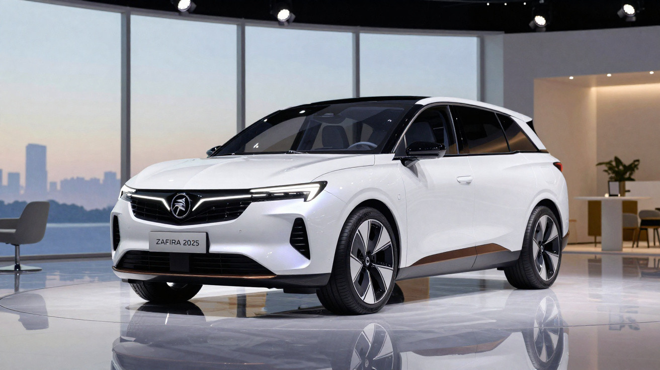 Carro elétrico branco Opel Zafira 2025 em exposição moderna com janelas grandes e vista urbana ao fundo.