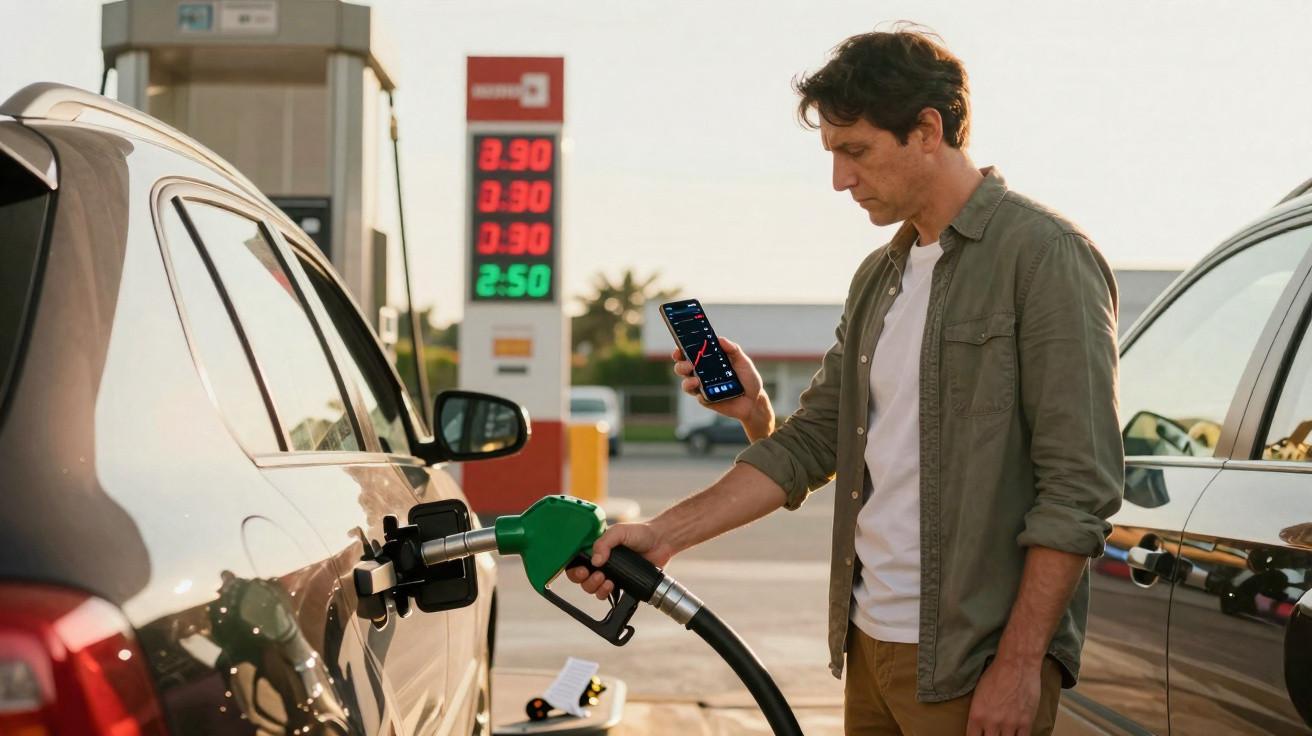 Homem abastecendo carro com bomba verde e segurando celular em posto de gasolina.