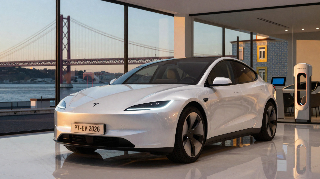 Carro elétrico branco Tesla Model 3 estacionado dentro de showroom com vista para ponte suspensa ao fundo.