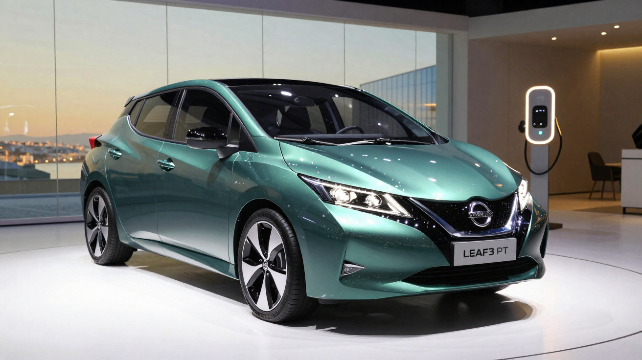 Carro elétrico verde Nissan Leaf 3 PT estacionado em área interna com carregador ao fundo.