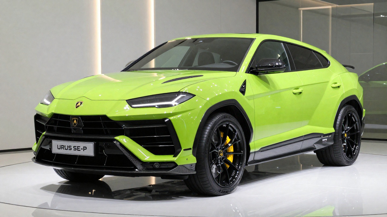SUV Lamborghini Urus SE-P verde em estande com roda preta e freio amarelo.