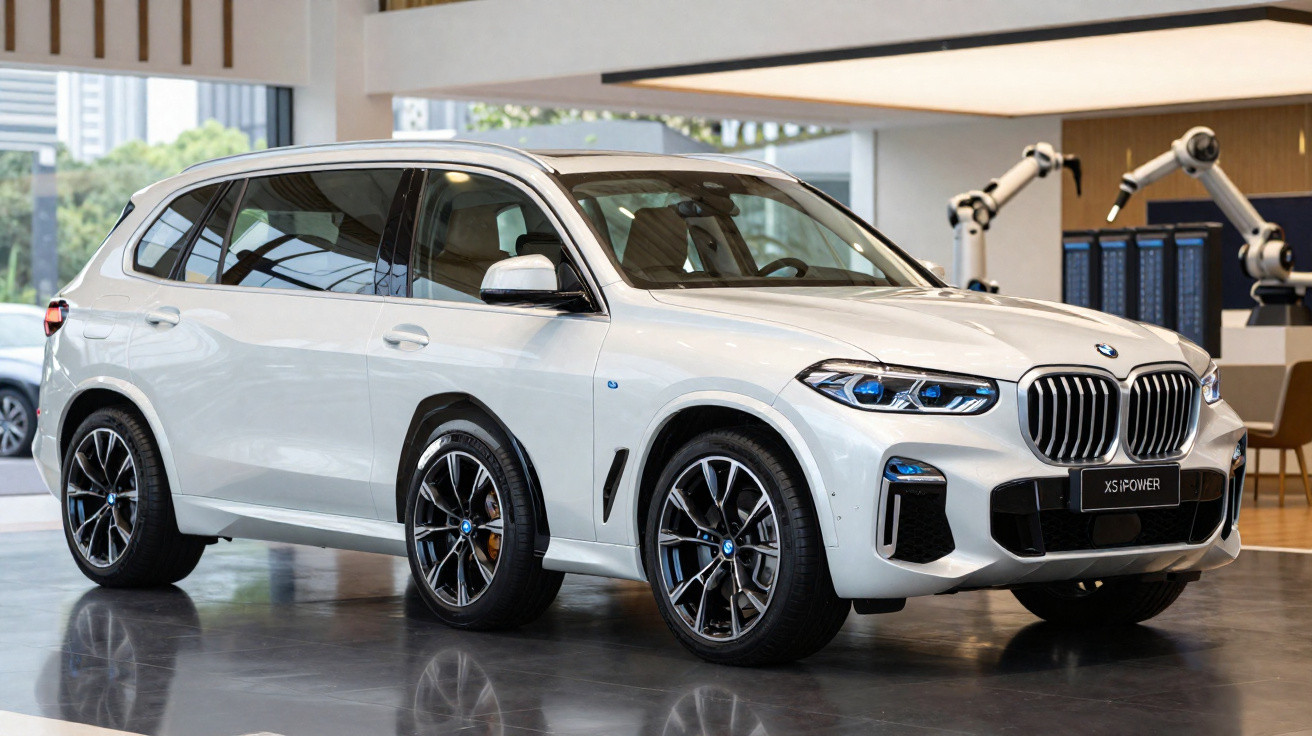 SUV BMW X5 branco estacionado em showroom moderno com piso refletivo e robôs industriais ao fundo.