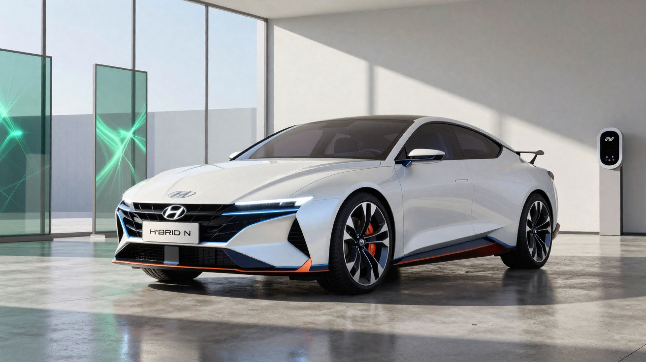 Carro esportivo branco Hyundai híbrido N estacionado em garagem moderna com carregador elétrico na parede.